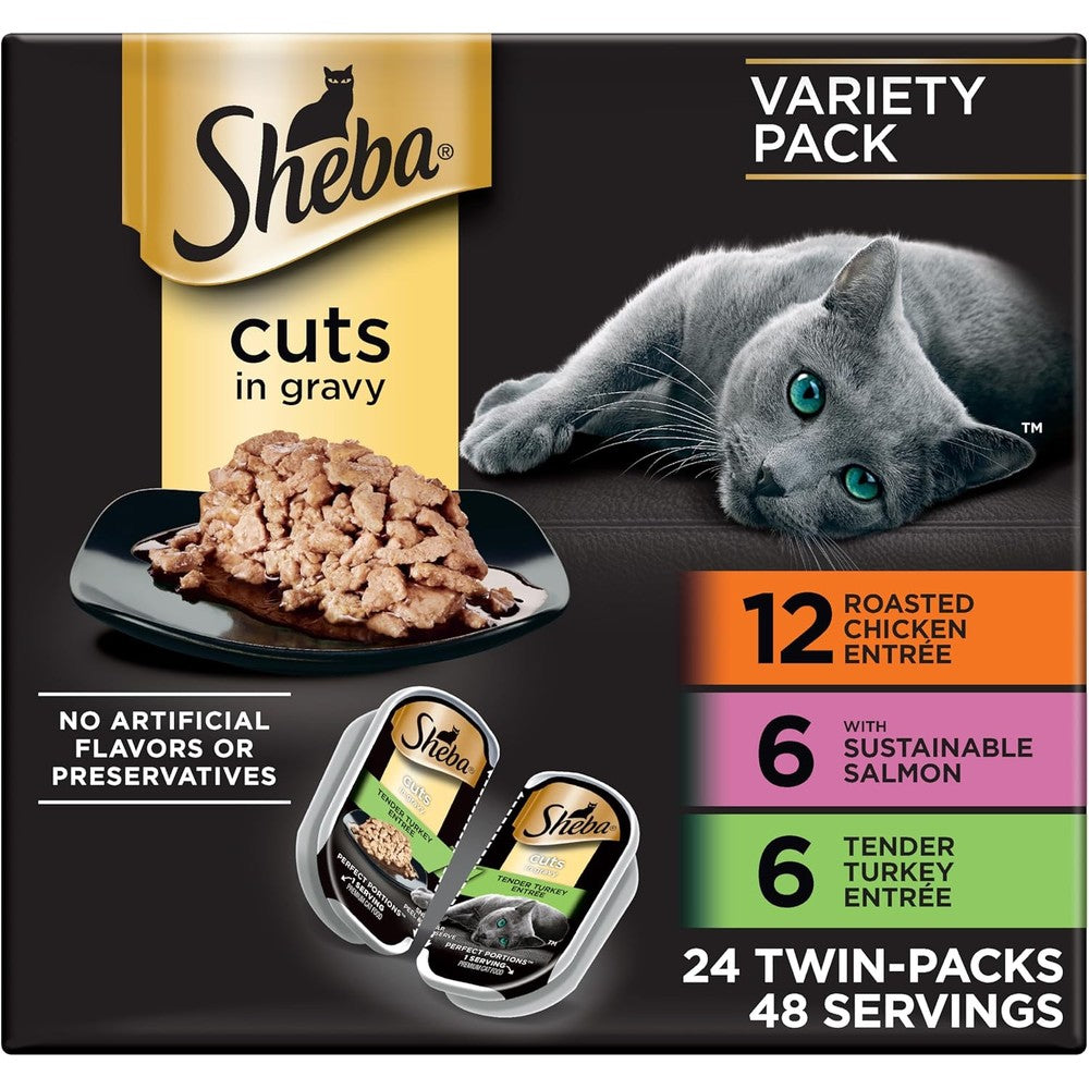 Sheba Perfect Portions Wet Cat Food Cuts In Gravy Roasted Chicken Gourmet Salmon Tender Turkey Variety Pack 2 6 Ounce Twin Pack Trays 24 Count 48 S...