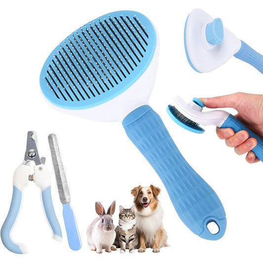 Aglads 3 piece pet grooming kit front view showing blue self cleaning brush for dogs and cats.