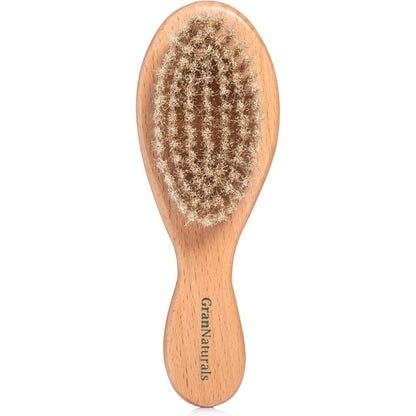 GranNaturals Boar Bristle Soft Cat Brush front view showing natural bristles and wooden handle.