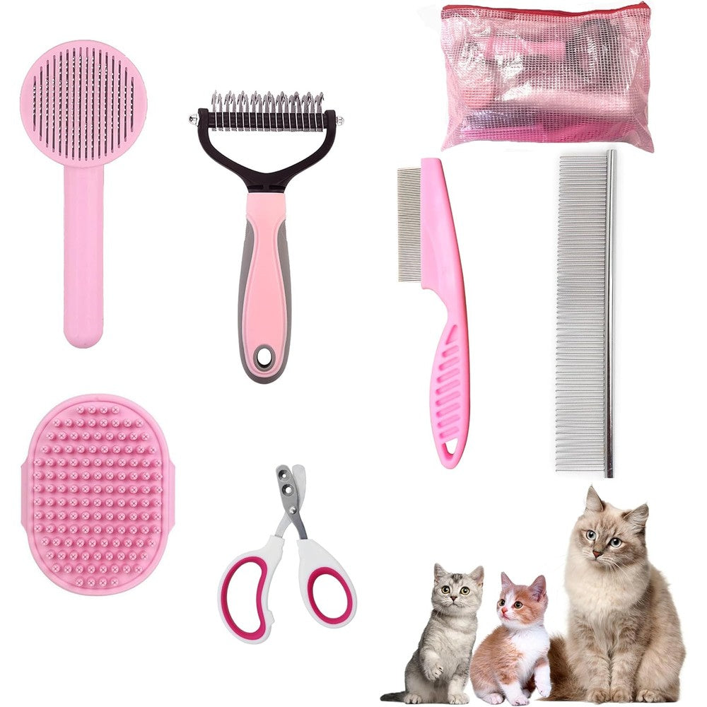 POSAPET cat grooming brush kit 6 tools pink front view showcasing full professional set