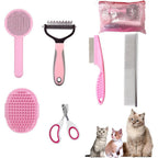 POSAPET cat grooming brush kit 6 tools pink front view showcasing full professional set