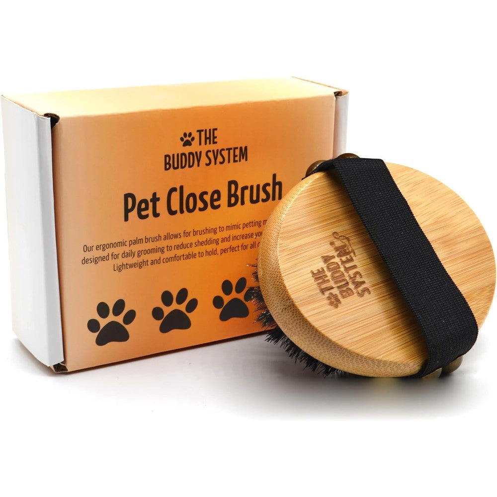 The Buddy System Pet Close Brush front view showcasing the ergonomic oval bamboo design and elastic hand strap.