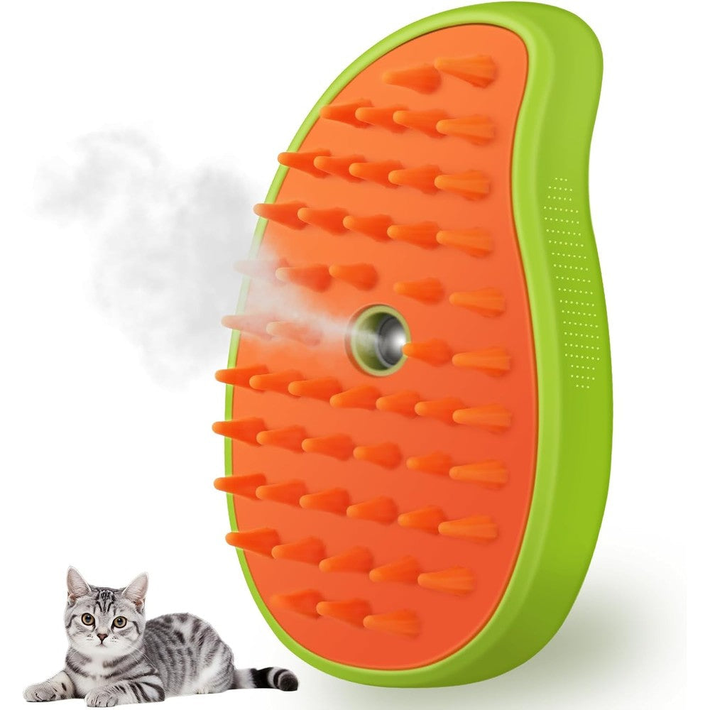 Kalamanda 3 In 1 Cat Steam Brush front view showing mango green body and orange silicone bristles