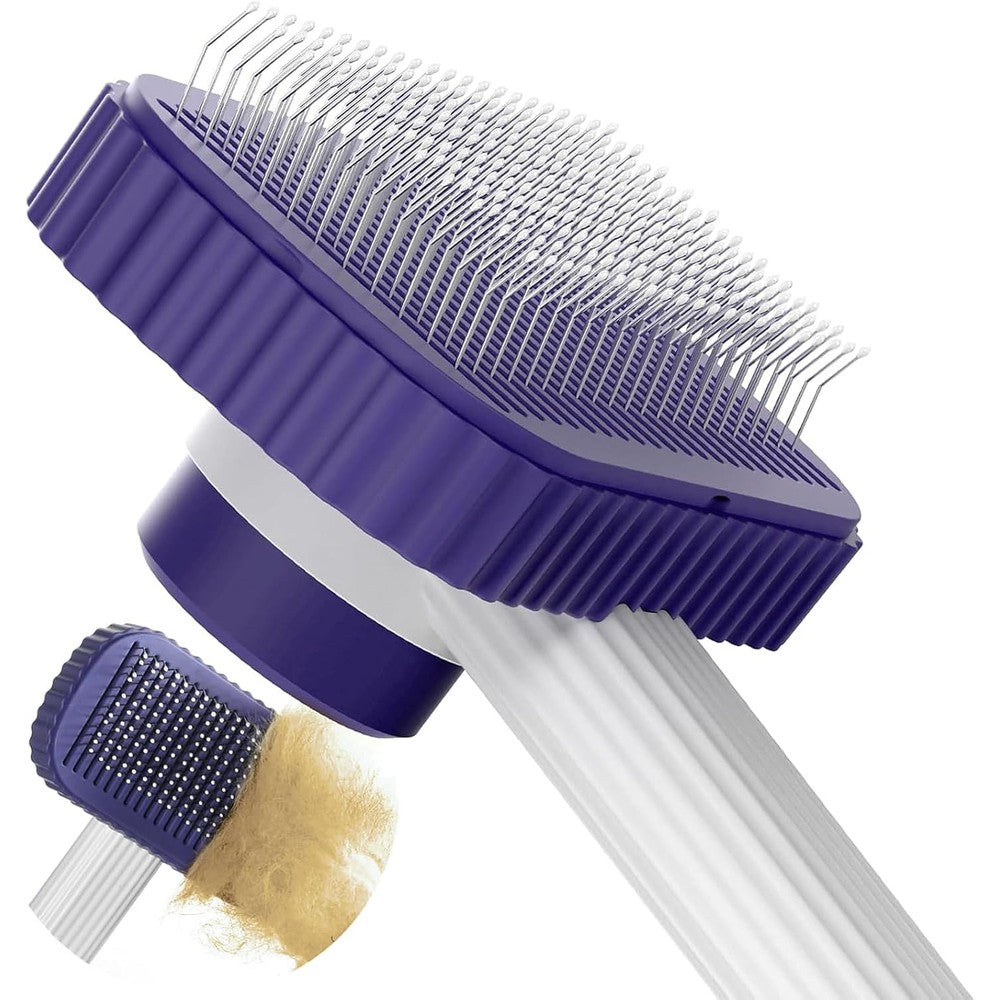 Garstor self cleaning cat slicker brush front view showing dark blue handle