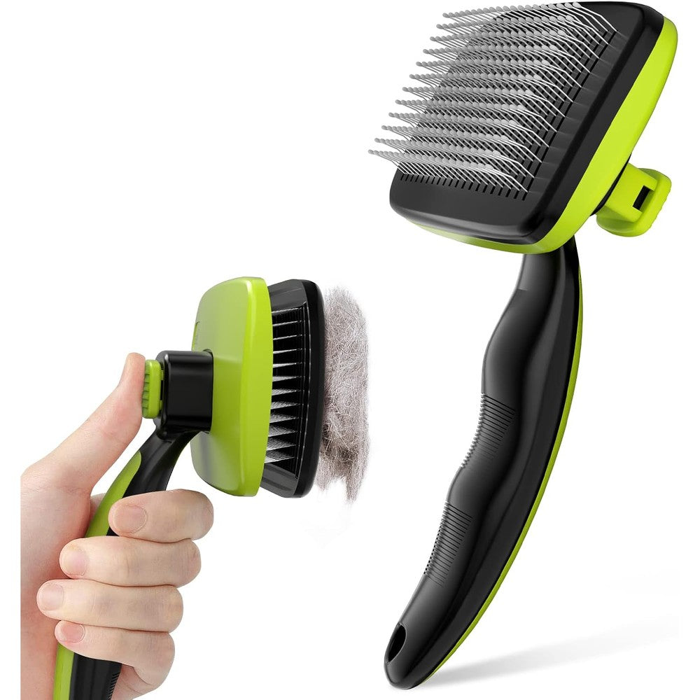 Pecute self cleaning slicker brush front view green and black pet grooming tool