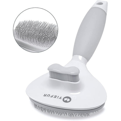 YiEFUR self cleaning cat hair brush front view showing white body and grey handle