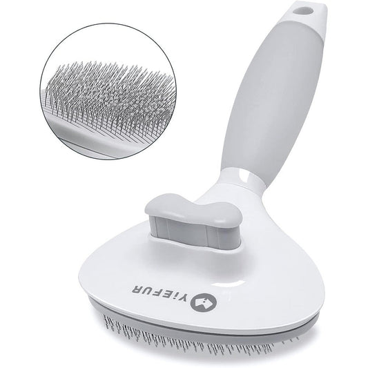 YiEFUR self cleaning cat hair brush front view showing white body and grey handle