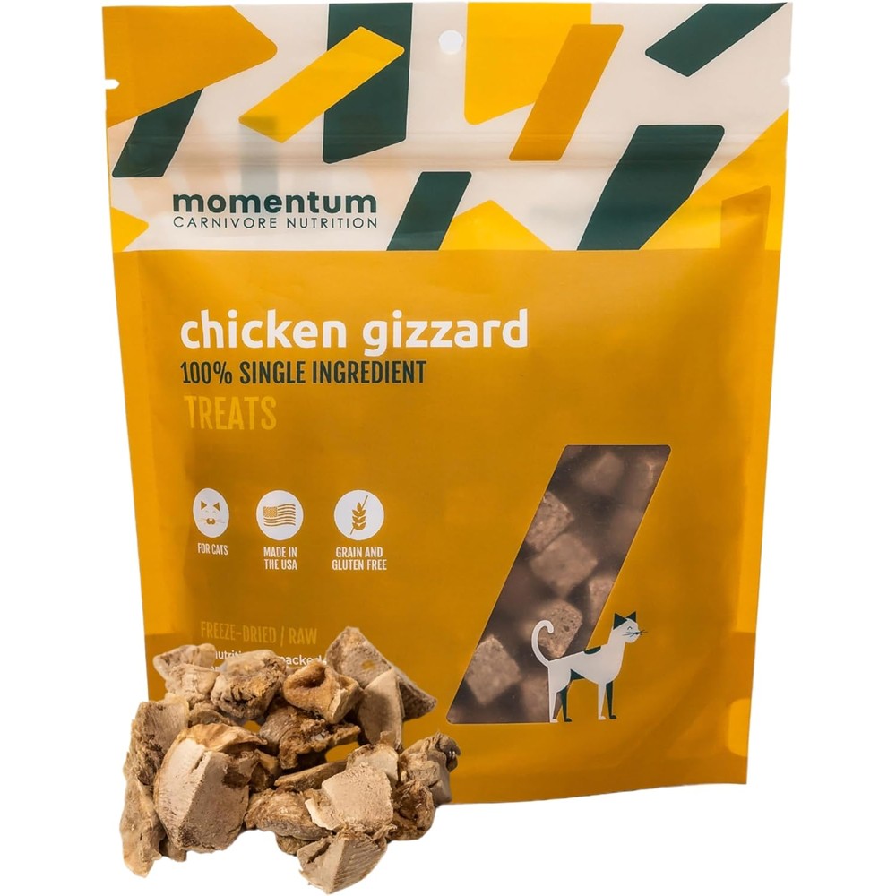 Momentum Carnivore Nutrition Freeze-Dried Chicken Gizzard Cat Treats Single-Ingredient All-Natural High-Protein Grain-Free USA Sourced 1.9 Ounce Bag