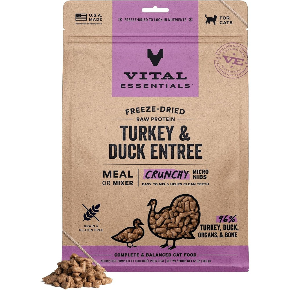 Vital Essentials Freeze Dried Cat Food Raw Protein Turkey And Duck Micro Nibs Complete Meal Or Mixer Twelve Ounce