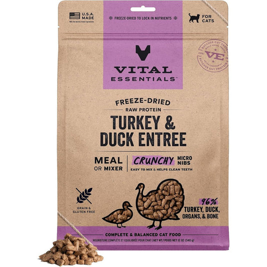 Vital Essentials Freeze Dried Cat Food Raw Protein Turkey And Duck Micro Nibs Complete Meal Or Mixer Twelve Ounce