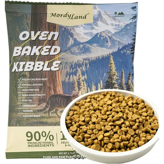 MordyLand Dry Cat Food Gently Oven Baked High Protein 90 Percent Chicken Based Ingredients Grain Free Kibble Trial Size 50 Grams