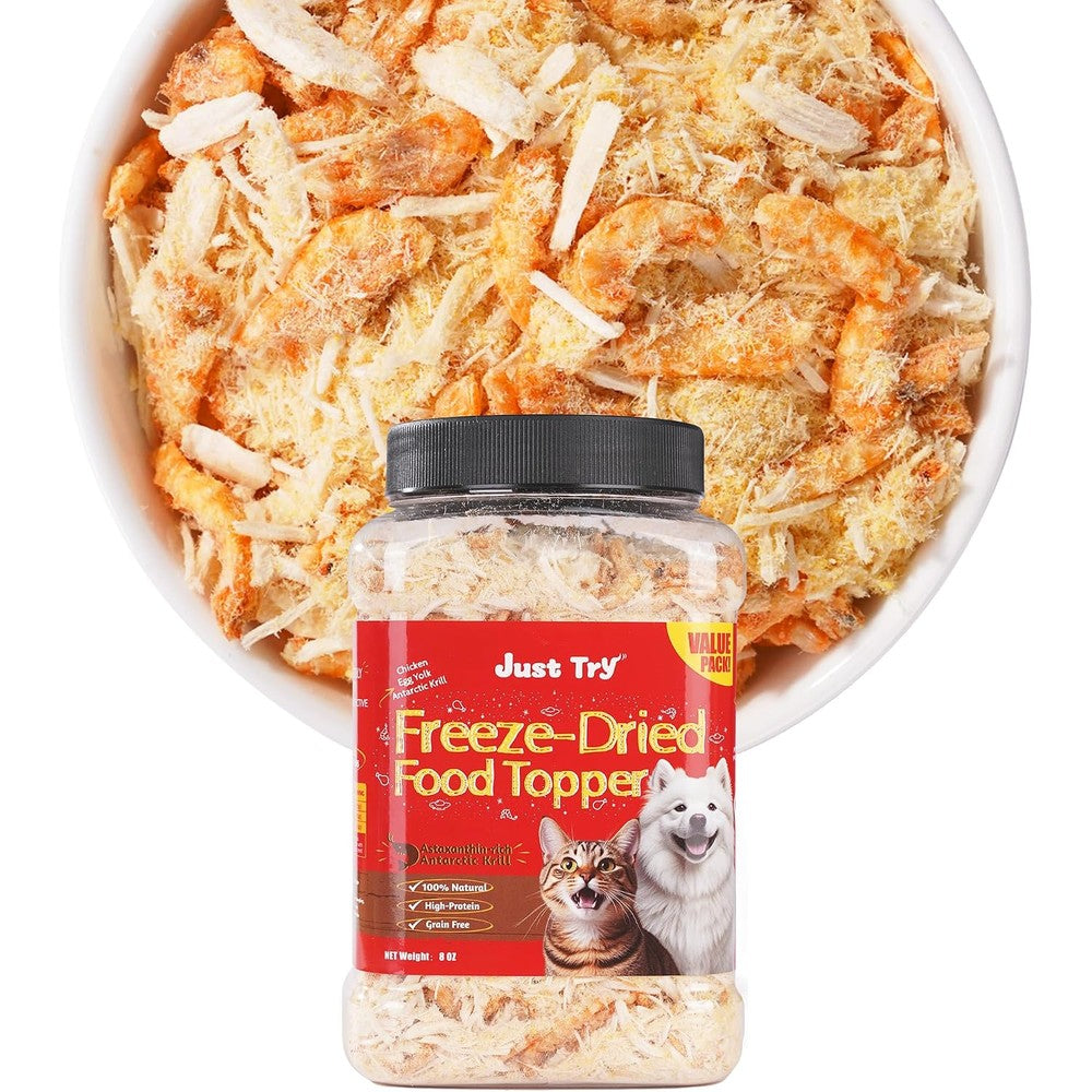 Just Try Raw Antarctic Krill Freeze Dried Cat And Dog Food Topper Mixers With Chicken And Egg Yolk Eight Ounce