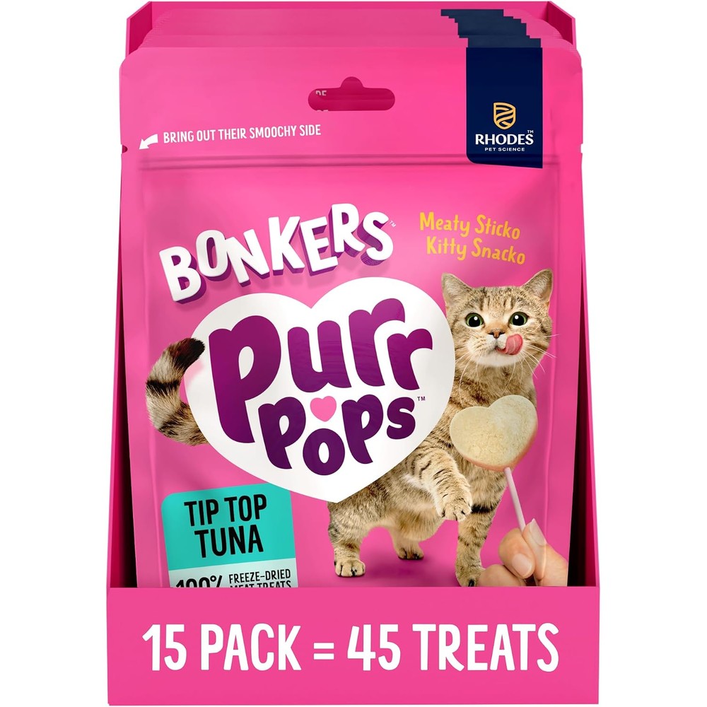 Bonkers Purrpops Freeze Dried Tip Top Tuna Flavor Lollipop Cat Treats Interactive High Protein Healthy Training Rewards Value Pack Forty Five Treats