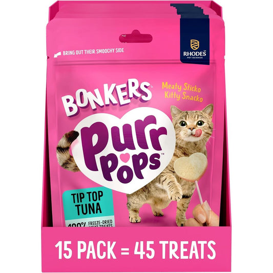 Bonkers Purrpops Freeze Dried Tip Top Tuna Flavor Lollipop Cat Treats Interactive High Protein Healthy Training Rewards Value Pack Forty Five Treats