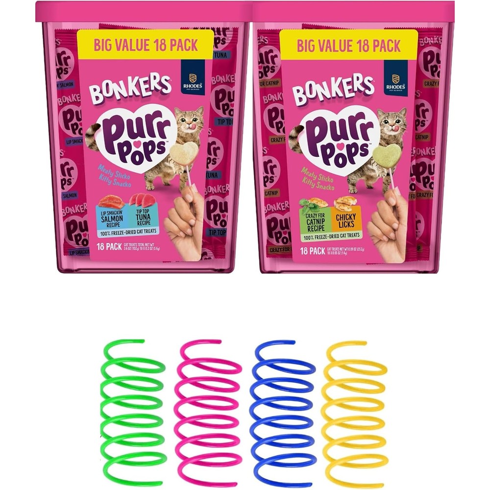 Bonkers Purrpops Freeze Dried Cat Treats Variety Bundle With Salmon Tuna Catnip And Chicken Flavors Plus Four Cat Spring Toys Thirty Six Count