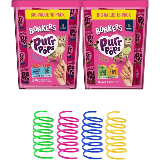 Bonkers Purrpops Freeze Dried Cat Treats Variety Bundle With Salmon Tuna Catnip And Chicken Flavors Plus Four Cat Spring Toys Thirty Six Count
