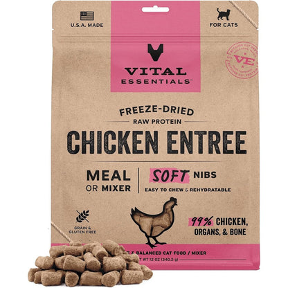 Vital Essentials Freeze Dried Cat Food Raw Chicken Soft Nibs Complete Meal Or Topper Grain Free Twelve Ounce Bag
