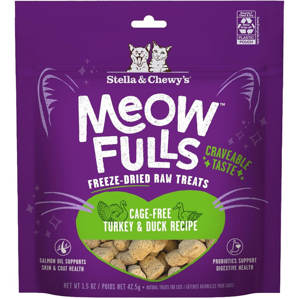 Stella & Chewy's Meowfulls Freeze Dried Cat Treats Turkey And Duck Recipe Raw Protein With Probiotics And Salmon Oil 1.5 Ounce