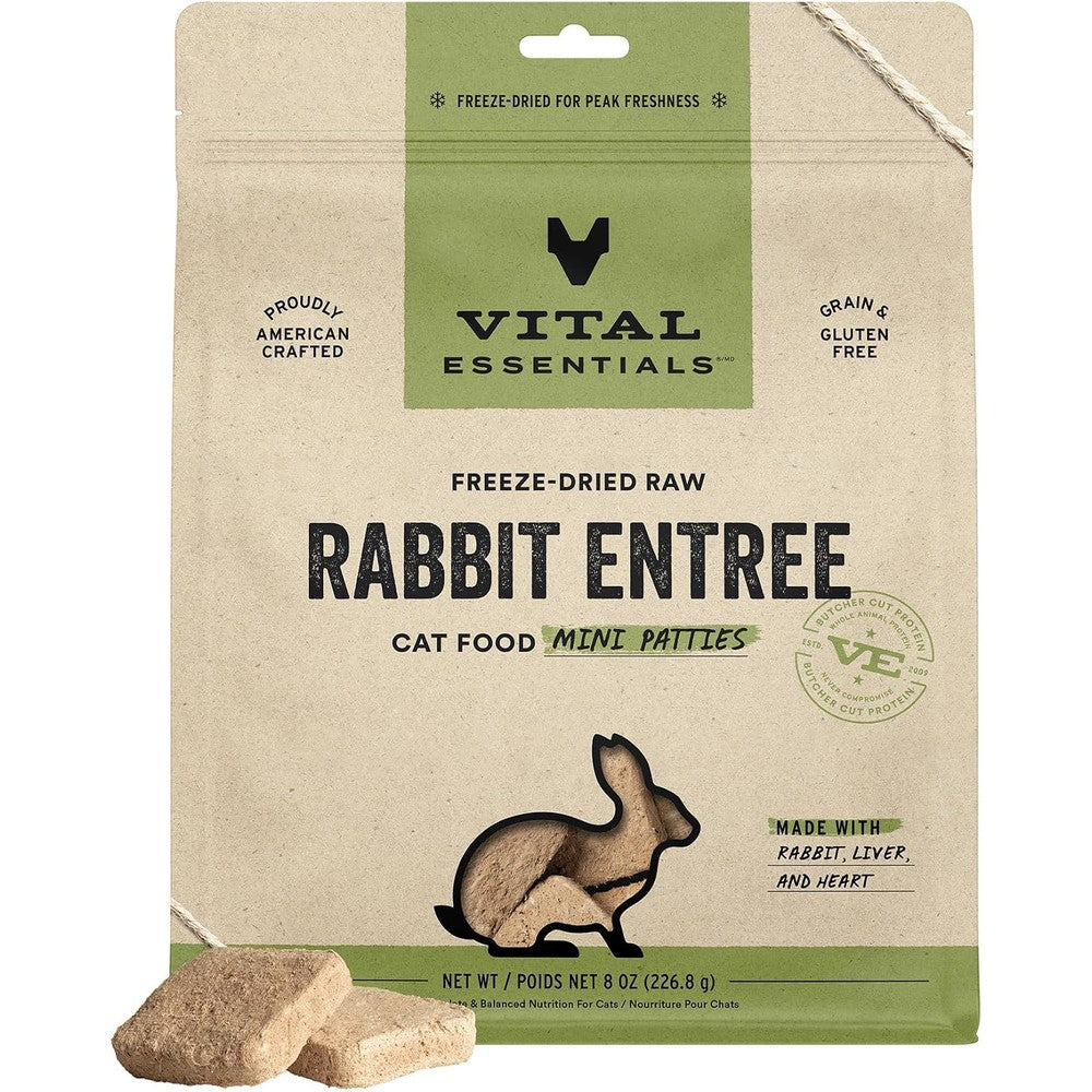 Vital Essentials Freeze Dried Raw Cat Food Rabbit Mini Patties Entree Grain Free Complete Meal High Protein Topper Eight Ounce Bag