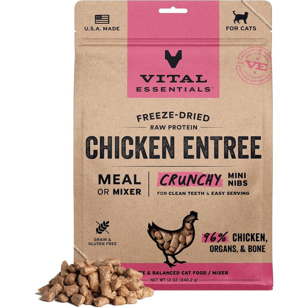 Vital Essentials Freeze Dried Cat Food Raw Chicken Crunchy Mini Nibs Grain Free Complete Meal Or Topper 12 Ounce