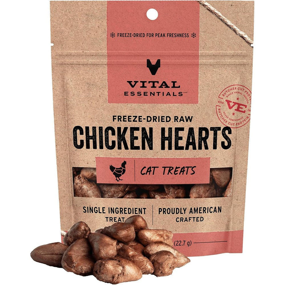 Vital Essentials Freeze Dried Raw Chicken Hearts Cat Treats Single Ingredient Grain Free High Protein Snacks 0.8 Ounce