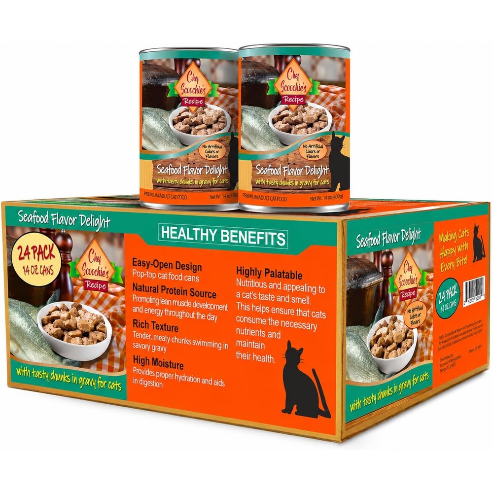 Scoochie Pet Products Chef Scoochies Tender Seafood Chunks In Gravy Wet Cat Food Easy Open Pop-Top Cans 24 Cans 14 Ounce Each