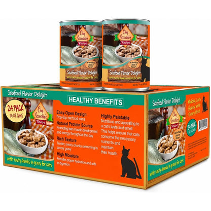 Scoochie Pet Products Chef Scoochies Tender Seafood Chunks In Gravy Wet Cat Food Easy Open Pop-Top Cans 24 Cans 14 Ounce Each