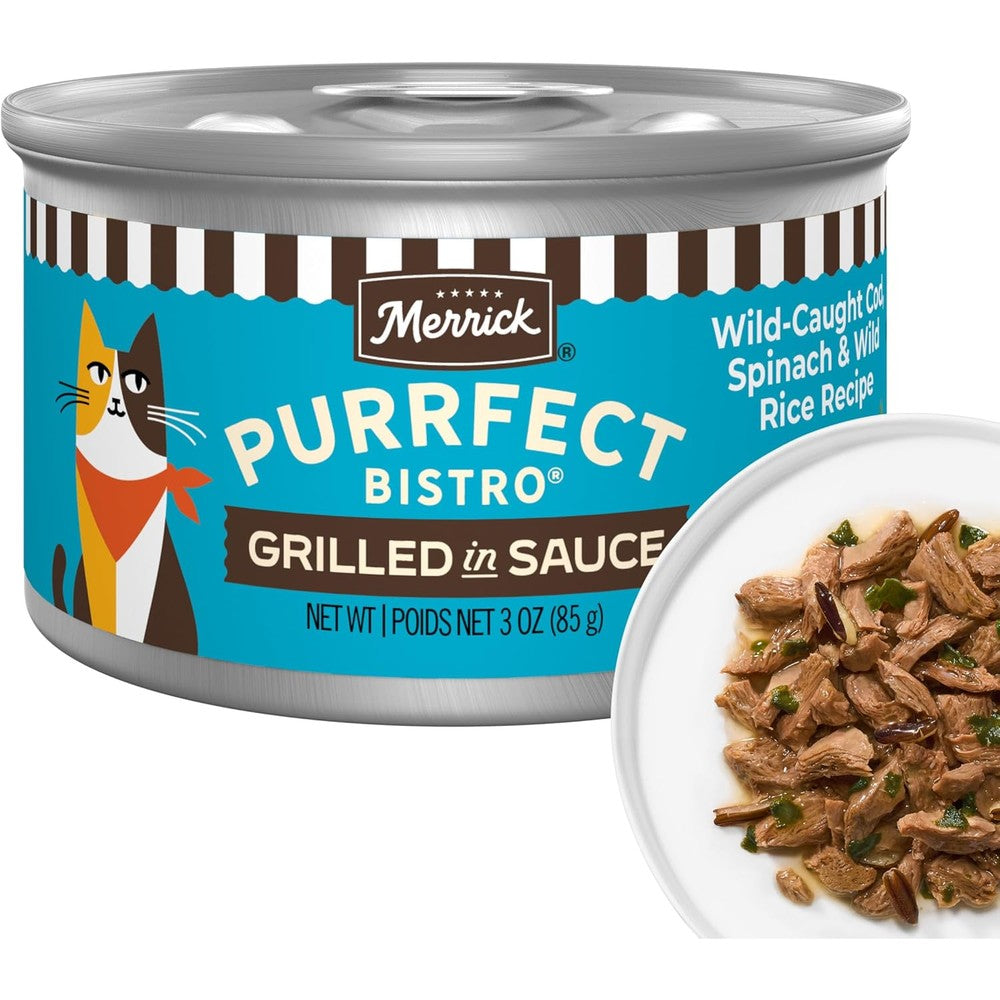 Merrick Purrfect Bistro Wild Caught Cod Spinach And Wild Rice Recipe Grilled Natural Wet Cat Food In Savory Gravy 3 Ounce Cans Pack Of 24