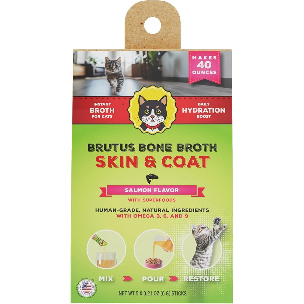 Brutus Bone Broth Cat Food Topper Salmon Flavored Fortified With Omega 3 6 And 9 Fatty Acids For Skin And Coat Health 5 Powder Sticks
