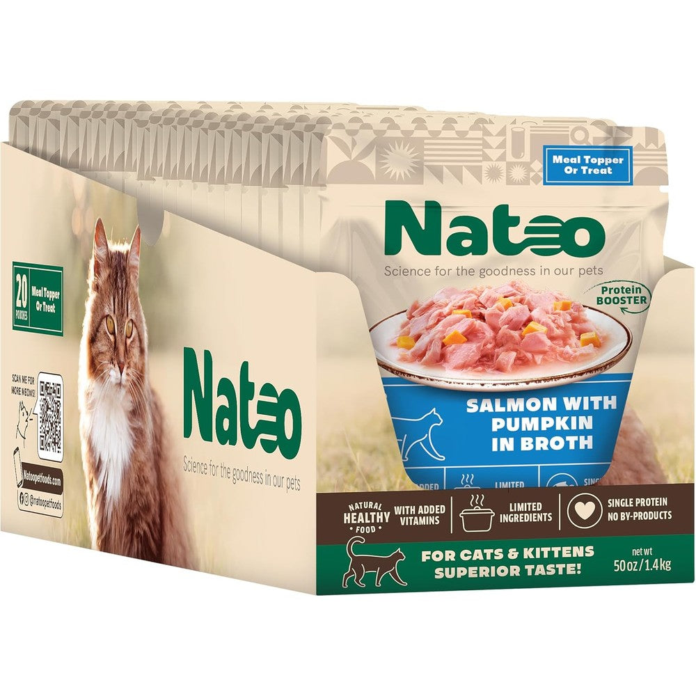 Natoo Cat Food Topper With Salmon And Pumpkin In Broth For Picky Eaters High Protein Limited Ingredient Wet Food 2.4 Ounce Pouch Case Of 20