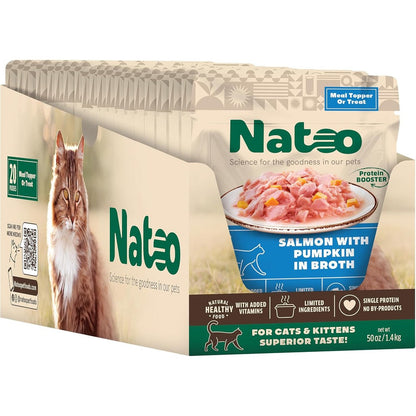 Natoo Cat Food Topper With Salmon And Pumpkin In Broth For Picky Eaters High Protein Limited Ingredient Wet Food 2.4 Ounce Pouch Case Of 20