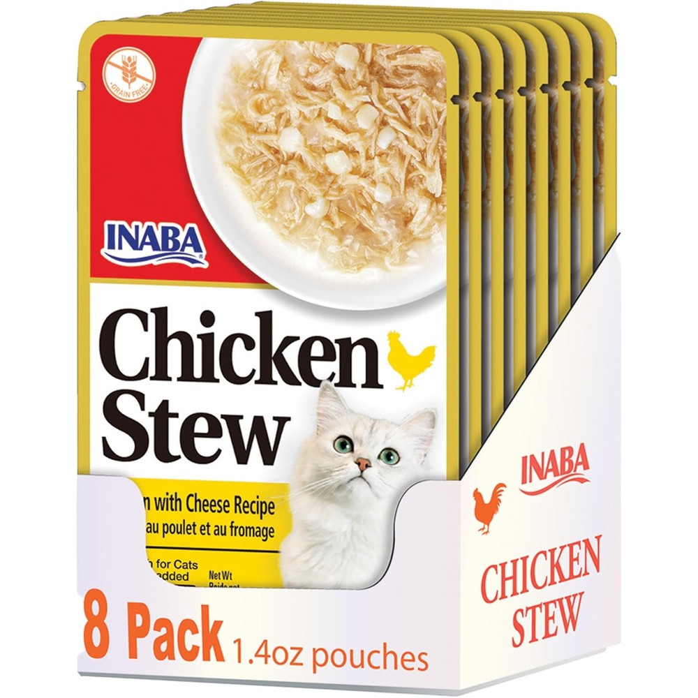 Inaba Chicken Stew For Cats Side Dish Topper With Vitamin E Chicken With Cheese Recipe 1.4 Ounce Pouch 8 Pouches Total
