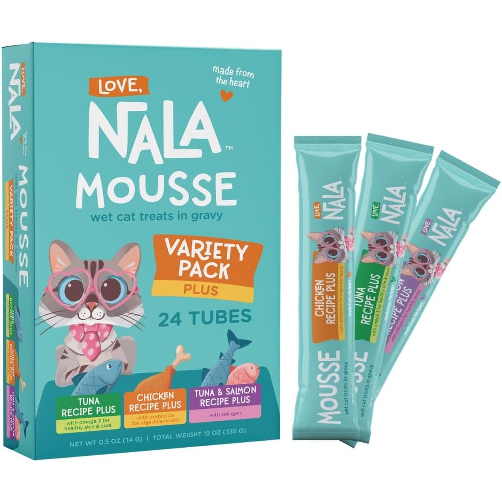 Love Nala Natural Lickable Cat Squeeze Up Treat And Food Topper Variety Plus Pack Mousse Wet Food Cat Puree Grain Free 24 Pack 0.5 Ounce Tubes
