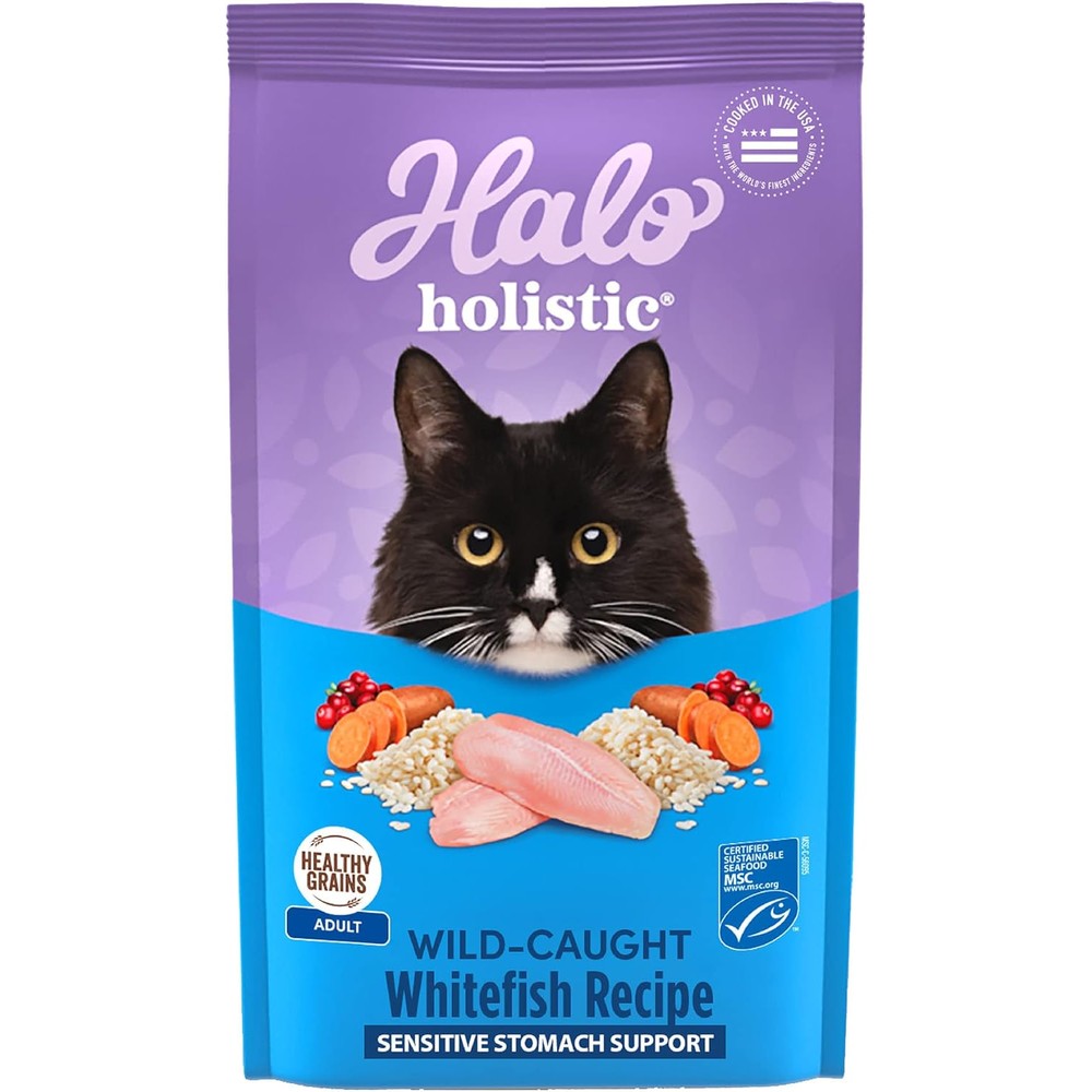 Halo Holistic Sensitive Stomach Dry Cat Food With Wild Caught Whitefish And Healthy Grains For Adult Cats 10 Pound Bag