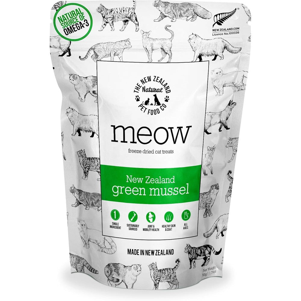 The New Zealand Natural Pet Food Co. Meow Freeze Dried Cat Treats New Zealand Green Mussel High Protein Healthy Cat Snacks And Toppers 1.76 Ounces