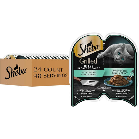 Sheba Perfect Portions Grilled In Savory Sauce Adult Wet Cat Food Tender Tuna In Gravy 2.64 Ounce Twin-Pack Trays 24 Count 48 Servings