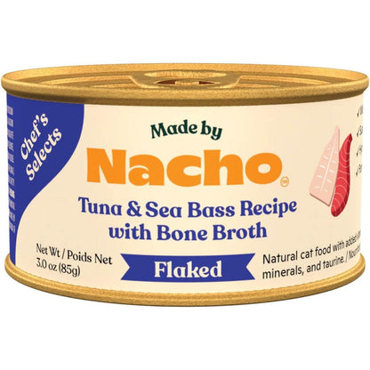 Made By Nacho Chef's Selects Grain Free Flaked Filets Tuna And Sea Bass Recipe In Pumpkin Infused Bone Broth Wet Cat Food Three Ounce Pack Of Twelve