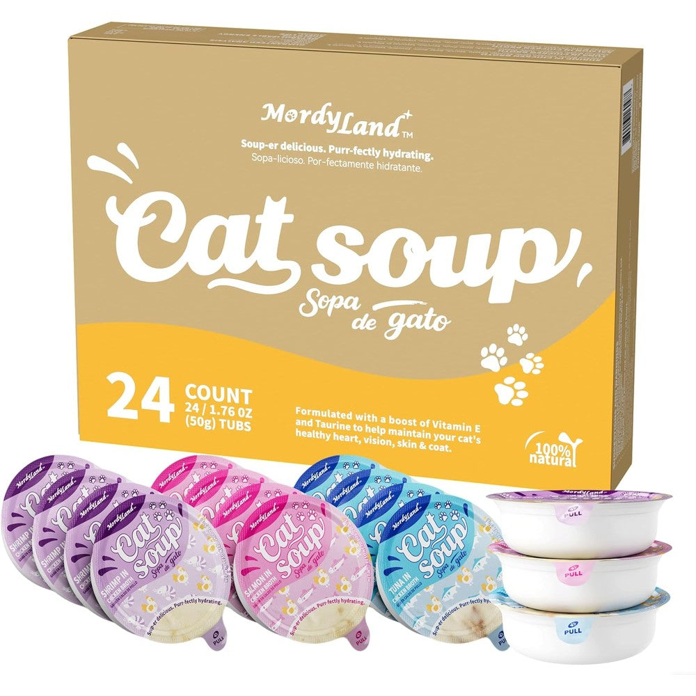 Mordyland Cat Soup And Broth Topper Hydrating Lickable Cat Treat Grain Free Wet Cat Food Complement With Salmon Real Chicken And Seafood 1.76 Ounce...