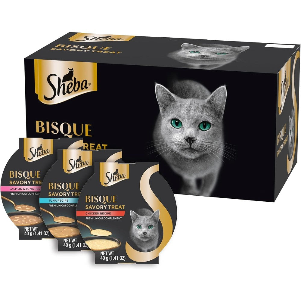 Sheba Bisque Lickable Cat Treats And Cat Food Toppers Variety Pack, Chicken, Tuna And Salmon Recipes, 1.4 Ounce Bowls, 24 Count