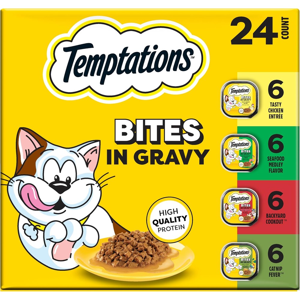 Temptations Bites In Gravy Adult Wet Cat Food Variety Pack Tasty Chicken Seafood Medley Backyard Cookout Catnip Fever 3.5 Ounce Trays 24 Count
