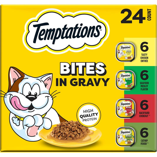 Temptations Bites In Gravy Adult Wet Cat Food Variety Pack Tasty Chicken Seafood Medley Backyard Cookout Catnip Fever 3.5 Ounce Trays 24 Count