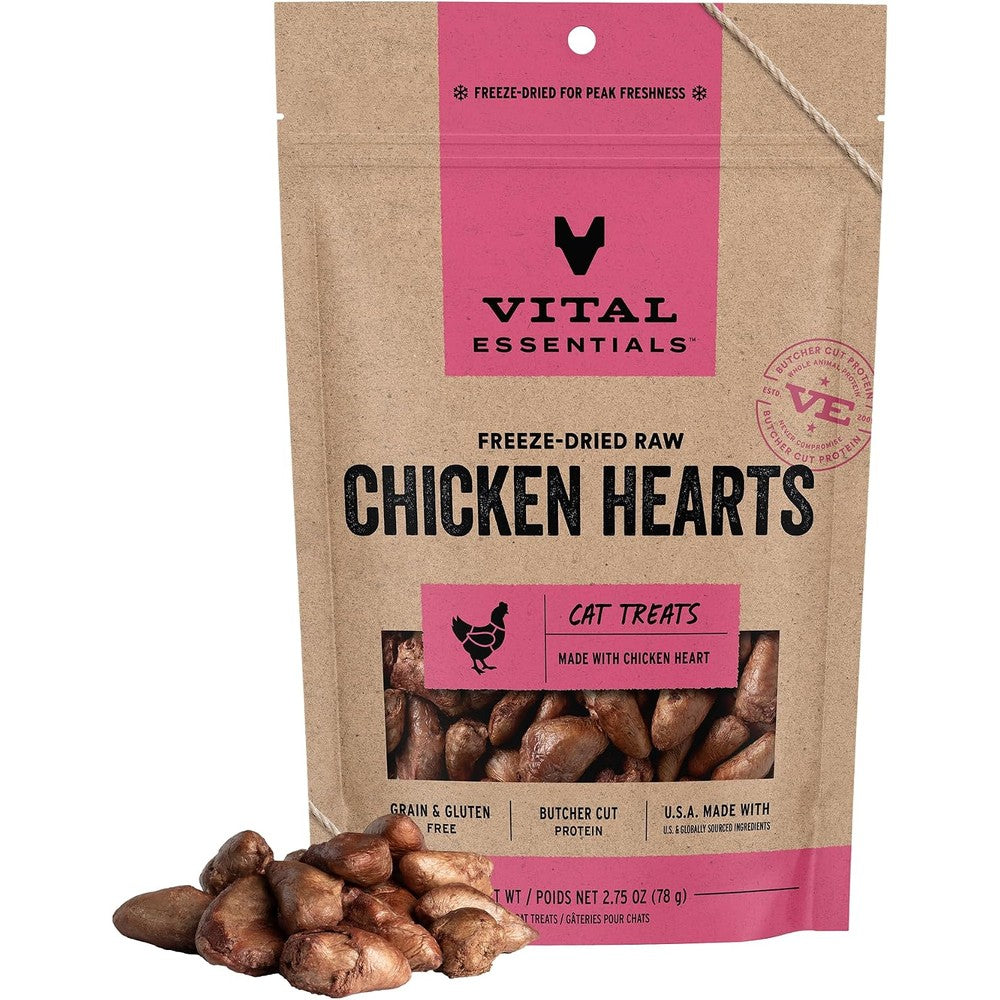 Vital Essentials Freeze Dried Raw Chicken Hearts Cat Treats Single Ingredient Premium Quality Grain Free Healthy Cat Snacks 2.75 Ounces