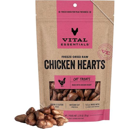 Vital Essentials Freeze Dried Raw Chicken Hearts Cat Treats Single Ingredient Premium Quality Grain Free Healthy Cat Snacks 2.75 Ounces