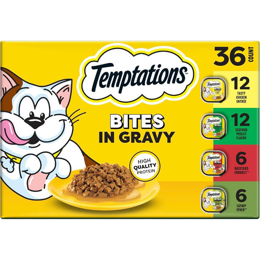 Temptations Bites In Gravy Adult Wet Cat Food Variety Pack With Tasty Chicken Seafood Medley Backyard Cookout And Catnip Fever 3.5 Ounce Trays 36 C...