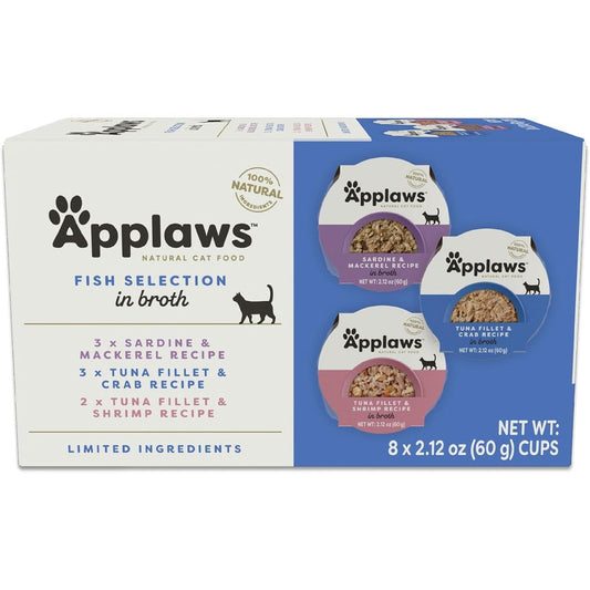 Applaws Natural Wet Cat Food Limited Ingredient Fish Variety In Broth 8 Count 2.12 Ounce Pots