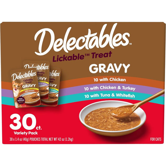 Delectables Lickable Treat Gravy Variety Pack front view showing the thirty count box