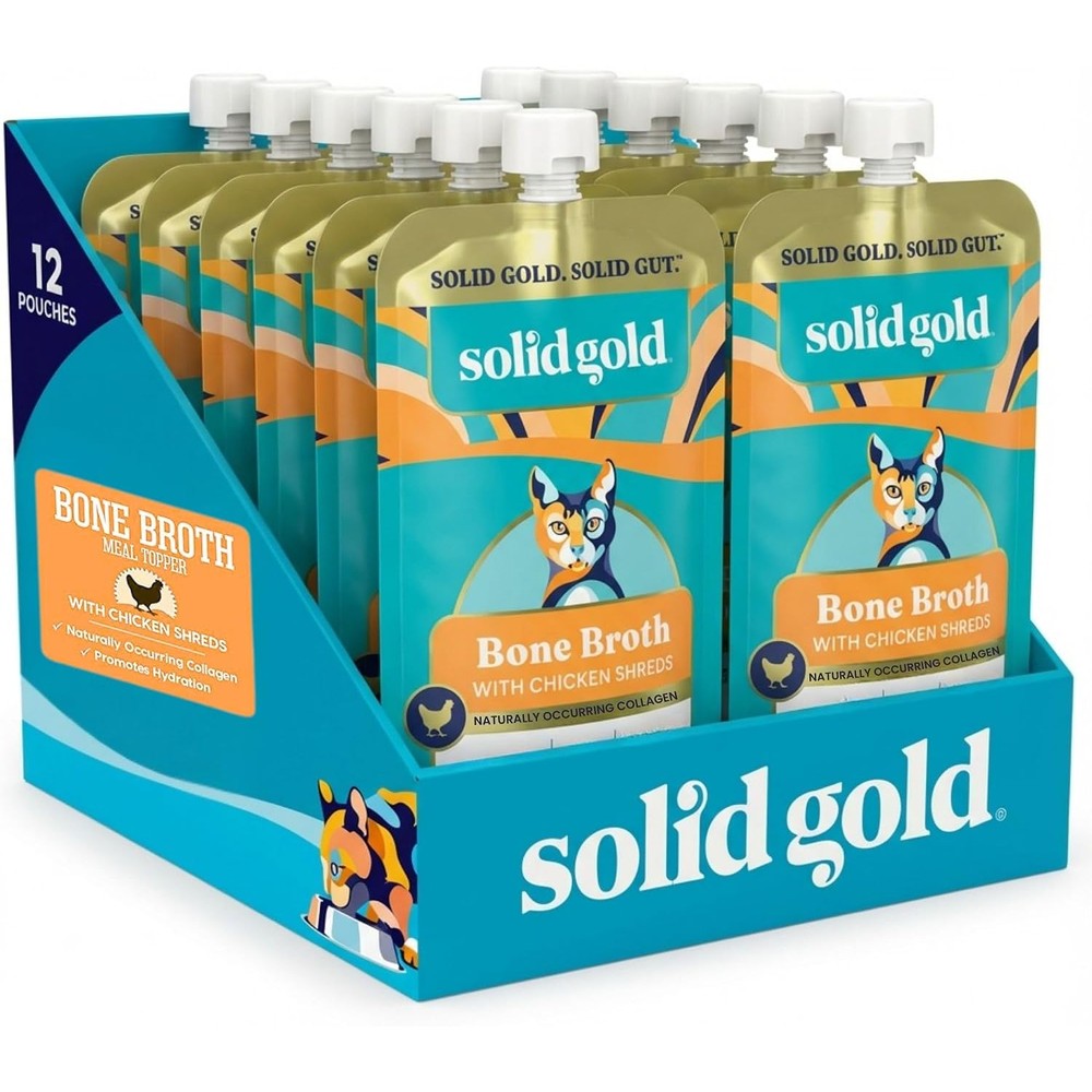 Solid Gold Bone Broth Cat Food Topper front view of the packaging showcasing the chicken shreds recipe.