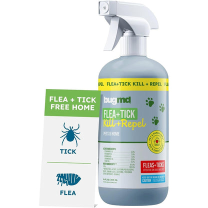 BugMD Natural Flea and Tick Spray 16 ounce bottle front view