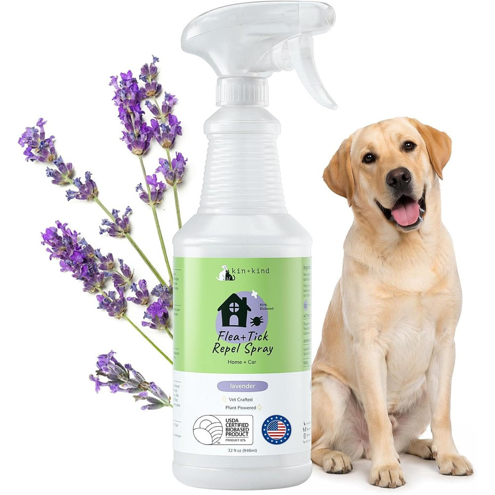 Kin and Kind Flea and Tick Repel Spray Lavender 32 Fluid Ounces front view authentic pet care product.