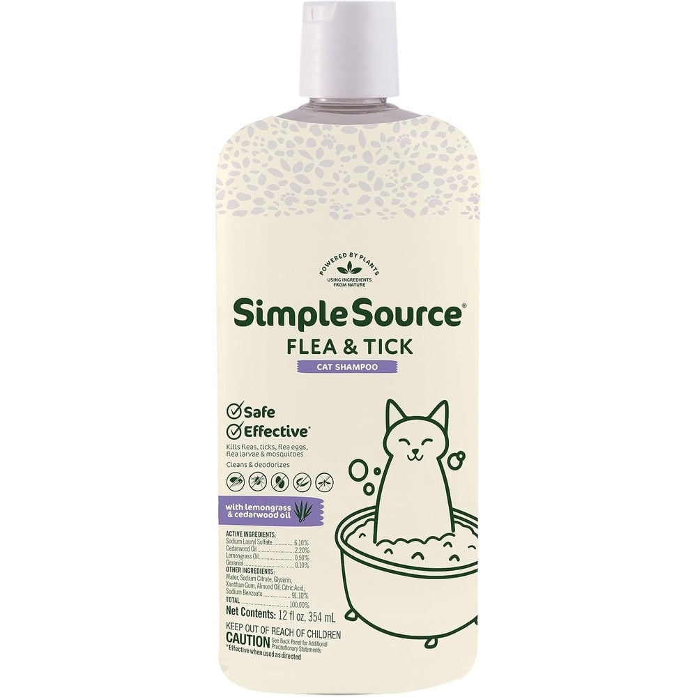 SimpleSource Flea and Tick Shampoo for Cats 12 Ounce front view bottle showing plant-powered formula text.